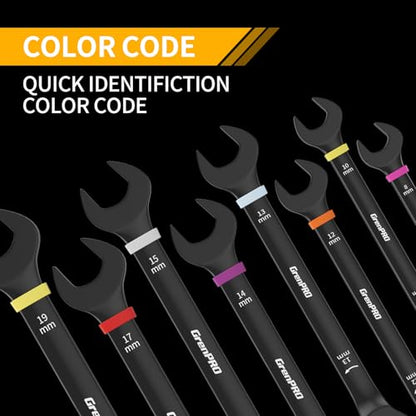 GRENPRO Ratcheting Wrench Set Metric And Standard, 9PC 8-19 mm 72Th Long Big Box Open End Ratchet Wrenches Organizer With Color Ring With Roll Up Pouch With 1 Gauge, Large Combination Wrench Tool Sets - style: 9PC Metric Ratchet Wrenches Set With Color Ri