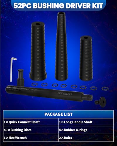 SIXIWANZI 52PCS Bushing Press Kit, Heavy Duty Bushing Bearing and Seal Driver Set | 50 adapters 18-74mm carbon steel, black anodic rust shield, long handle for wheel bearing race seal