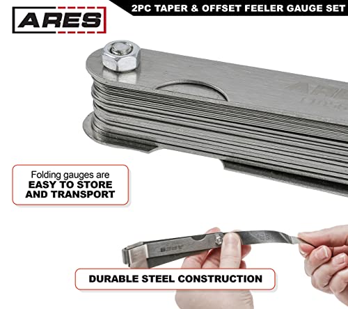 ARES 11042 - Feeler Gauge Set - 32 Tapered & 16 Offset Blades, SAE & Metric Marked | Steel blades, Folds flat for storage, Universal fit for most vehicles, 48 blades total, Limited lifetime warranty - size: 2-Piece Tapered and Offset Feeler Gauge Set