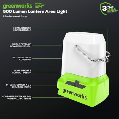 Greenworks 24V 10" (5-Speed) Hybrid Fan (500 CFM) and 500 Lumens Lantern, with 2×2.0Ah Battery and Charger - size: 2PCS Combo Kits(Fan+Camping Light)