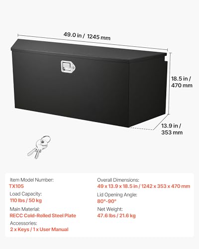 VEVOR Trailer Tongue Box, Heavy Duty Trailer Tongue Tool Box Storage Organizer with Lock & Keys, Utility Tool Chest for Pickup Truck Bed, RV, SUV, Off-Road Vehicle, Steel, 49" x 13.9" x 18.5" - size: 49" Black, style: Steel