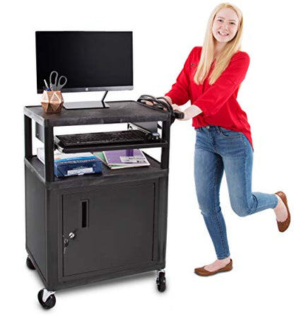 Line Leader Plastic AV Cart with Keyboard Tray and Locking Metal Cabinet, Heavy Duty Mobile Workstation with 4 Rolling Casters, 2 Locking Brakes, Heavy Duty, Holds up to 100 lbs (34 Inch w Cabinet) - color: 2 Shelves W/ Cabinet & Keyboard Tray