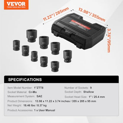 VEVOR Axle Nut Impact Socket Set - 1" Drive 6-Point 9-Piece SAE Spindle Nut Socket CR-MO Heat Treated Large Socket Set with Storage Case for Auto Repair, Removing or Installing Axle Nuts - style: 1" 9PCS CR-MO