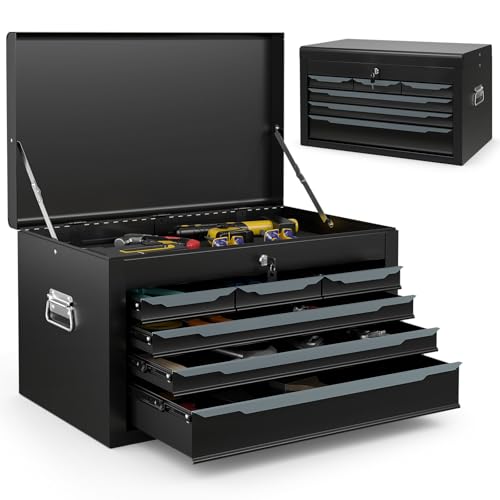 ARNOT Large Metal Tool Box, Tool Box with 6 Drawers & Top Tray, Heavy-Duty Steel Tool Chest with Auto-Locking Drawers and Side Handles for Garage & Workbench (Black) - color: Black