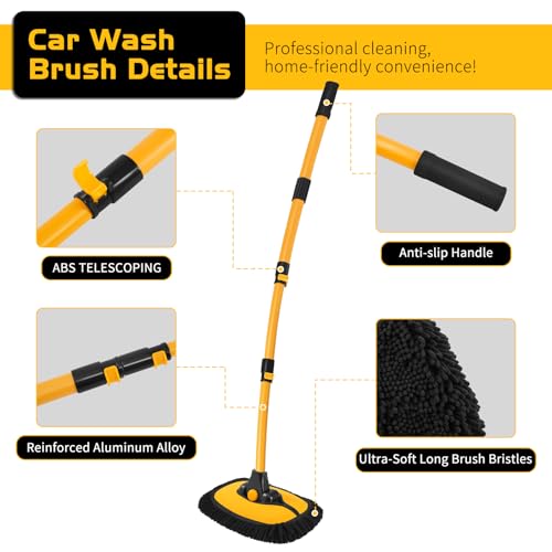 Ordenado 57" Car Wash Brush with Long Handle, 15°Curved Chenille Microfiber Car Wash kit with Extension Pole & Replacement Head, RV Car Cleaning Washer, Scratch-Free Mop for Truck, SUV, Boat - color: Black and Yellow-2