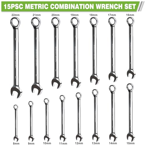 Metric Combination Wrench Set, 15-Piece 8, 9, 10, 11, 12, 13, 14, 15, 16, 17, 18, 19, 20, 21, 22mm, Chrome Vanadium Steel with 12-Point Box End, 15-Degree Offset, Mirror Polished, with Rolling Pouch - size: Metric-15 piece set
