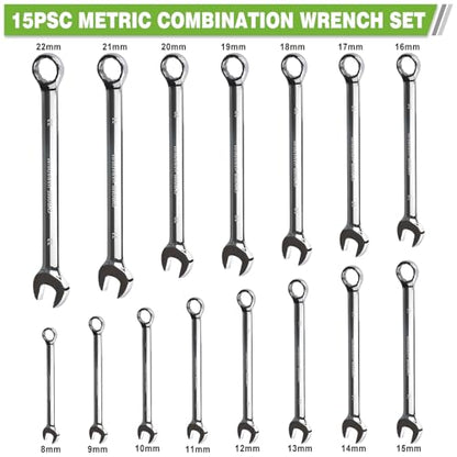 Metric Combination Wrench Set, 15-Piece 8, 9, 10, 11, 12, 13, 14, 15, 16, 17, 18, 19, 20, 21, 22mm, Chrome Vanadium Steel with 12-Point Box End, 15-Degree Offset, Mirror Polished, with Rolling Pouch - size: Metric-15 piece set