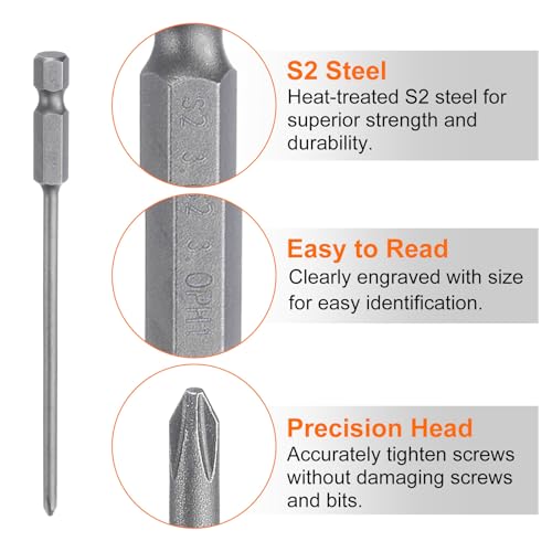 HARFINGTON 5pcs #1 Phillips Screwdriver Bit PH1 1/4" Hex Shank 4" (100mm) Long Magnetic S2 Steel Industrial Grade Screw Driver Bit Cross Head Electric Drill Bits 0.118" (3mm) Rod - size: PH1 x 100mm x 3mm