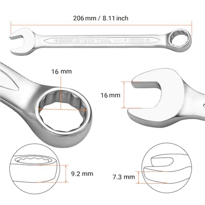Jetech 16mm Combination Wrench - Industrial Grade, Chrome Vanadium Steel, Sand Blasted Finish, Precision-Machined 12-Point Opening, Off-Cornered Design, 15-Degree Offset - size: 16mm