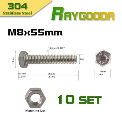 M8-1.25x55mm Hex Bolt and Nut Kit 10set, 304 Stainless Steel (A2-70), Full Thread, Bright Finish, Machine Threaded for Automotive, Machinery, DIY - size: M8x55mm(10 Sets）