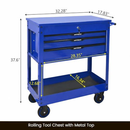 Rolling Tool Chest with Metal Top, 3-Drawer Tool Cart with Wheels, Blue | Ball-Bearing Slides, Powder-Coated Finish, Side Tool Rack, Lockable, Locking Brakes, Ergonomic Push Handle - color: Blue