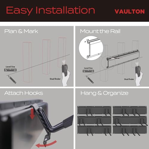 VAULTON Heavy Duty Metal Slot Wall Panel Garage Organization Kit, 6 * 16inches, Wall Mounted Tool Organizer With 12 Double Hooks, Interlocking Slot Panel, 18pcs - style: 96inch 6 Panels+12 Hooks