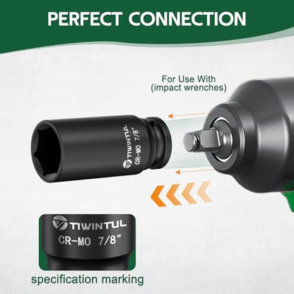 7/8" Deep Impact Socket 1/2 Inch Drive for SUVs & Trailers | CR-MO Steel Impact Socket, 3.07" Length, 6 Point, SAE Size Socket for Automotive and Agricultural Equipment Maintenance - size: 7/8" (Deep)