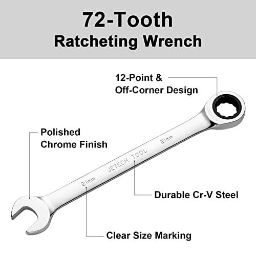 Jetech 21mm Ratchet Wrench, Ratcheting Combination Wrench Metric, Industrial Grade Gear Spanner with 12-Point Design, 72-Tooth Ratchet, Chrome Vanadium Steel - size: 21mm