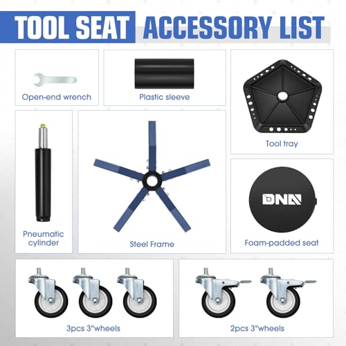 DNA Motoring Rolling Shop Stool, Adjustable Height Padded Rolling Seat, Pneumatic Roller Mechanic Stool for Garages, w/Tool Storage Tray, 300lbs Capacity, TOOLS-00636-BK-BL - style: Blue Tray Model