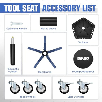 DNA Motoring Rolling Shop Stool, Adjustable Height Padded Rolling Seat, Pneumatic Roller Mechanic Stool for Garages, w/Tool Storage Tray, 300lbs Capacity, TOOLS-00636-BK-BL - style: Blue Tray Model