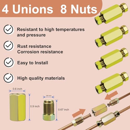 Genuine 3/16"ODx25FT Copper Nickel Brake Line Replacement Kit with 16 Nuts & 4 Unions/Connector – Non-Magnetic Copper Tubing with Fittings for Brake Systems, Easy to bend, Corrosion-Resistant