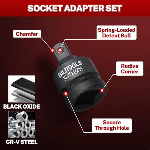 BILITOOLS 17-Piece Impact Socket Adapter Set with U-Joints & Reducers | Cr-V Adapters, Cr-Mo Joints. Black Phosphate, Corrosion Resistant. Spring Detent Lock. 1/4 3/8 1/2 inch Drive, EVA Foam Tray