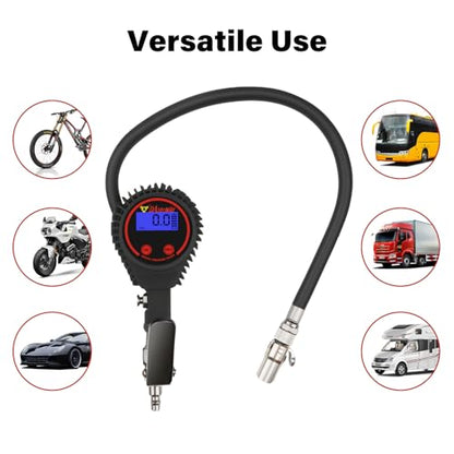Heavy Duty Digital Tire Pressure Gauge, Air Pressure Gauge Inflator, Quick Lock Chuck, 20" Hose, 1/4" Npt, W/Extreme ± 0.1& Accuracy, 0-250 PSI