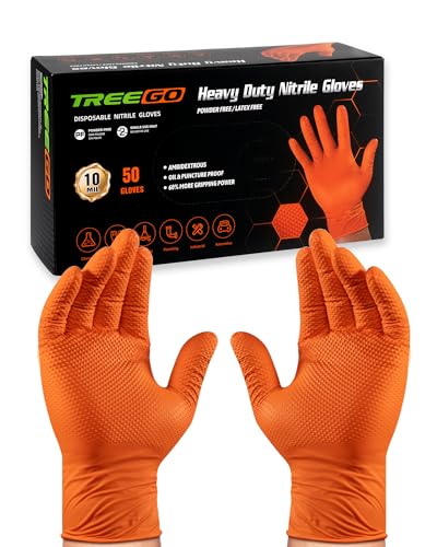 TREEGO 10 Mil Heavy Duty Orange Nitrile Mechanic Gloves, 50 Count L | Diamond Grip, Latex & Powder Free for Construction, Jobsite Tasks, Equipment Repair & Contractor Work - color: Orange 50, size: Large