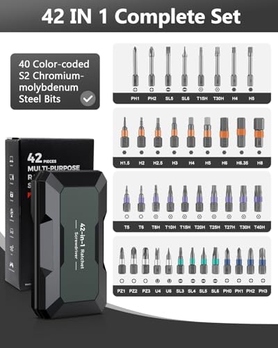 AMIR Magnetic Screwdriver Set, Ratchet Screwdriver Set with 40 Precision Bits and Ratchet Handle, 42-in-1 DIY Repair Tool Kit for Home Improvement, Electronics, Computers, Bicycles Repair - color: Black