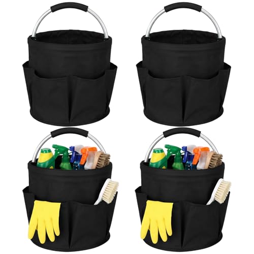 LemonRoad 4 Pack Cleaning Caddy with Handle 17L Foldable Cleaning Supplies Organizer Oxford Cloth Storage Basket with 6 Pockets & Soft Grip Portable Multi Bucket Bag for Home, Garden (Black) - color: Black