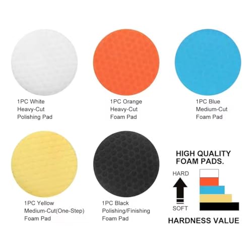 eQualle 6 Inch Buffing Pads for Car Polishing - 5 Pack Foam Polisher Pads with Hook and Loop - Fits Drill, DA Polisher - Auto Detailing, Waxing, Scratch Removal