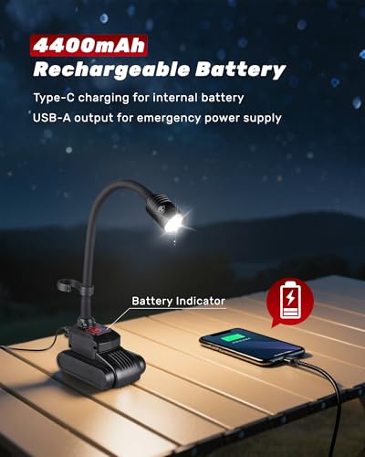 Magnetic Work Light, 4400mAh Rechargeable Flexible Gooseneck Work Light with Hanging Hook, 1000 Lumens 3 Modes LED Machine Light for Work Bench, Lathe, Sewing Machine, Grill, Black
