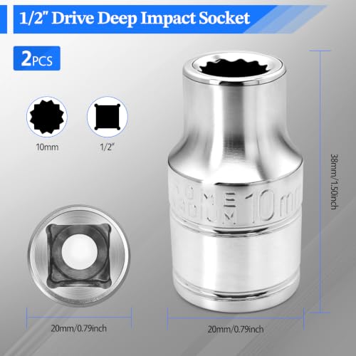 2 Pcs 1/2" Drive 10mm Shallow Impact Socket | Anti-Rounding 12 Point Design, Square Chamfered Opening, Easy Removal of Axle Nut - color: Shallow, size: 10mm