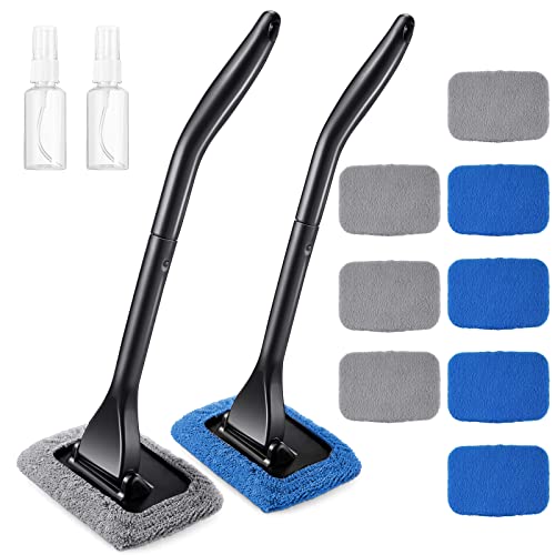 Frienda 2 Set Windshield Cleaner Tool Inside Car Windshield Cleaning Wand Auto Window Cleaner with Detachable Handle, 8 Reusable Microfiber Pads and 2 Spray Bottles for Car Interior(Gray, Blue) - color: Gray, Blue
