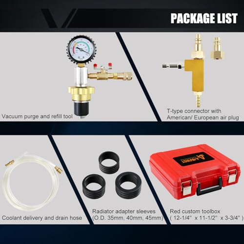 Automotive Radiator Coolant Vacuum Refill Tool Kit, Engine Cooling System Vacuum Purge & Fill Tool Set with Universal Adapters (O.D. 32mm 35mm 40mm 45mm) for Car SUV Truck Airlift, Red Case - color: Red Case