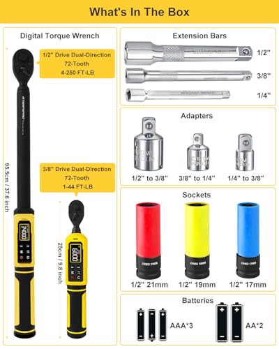Digital Torque Wrench Set-3/8" & 1/2" Drive Torque Wrench, ±2% Accuracy,1-44 ft-lb/4-250 FT-LB, Backlit LCD, Triple Alert (Vibration/Buzzer/LED), with 17-19-21mm Sockets, 3 Extension Bars & 3 adapters