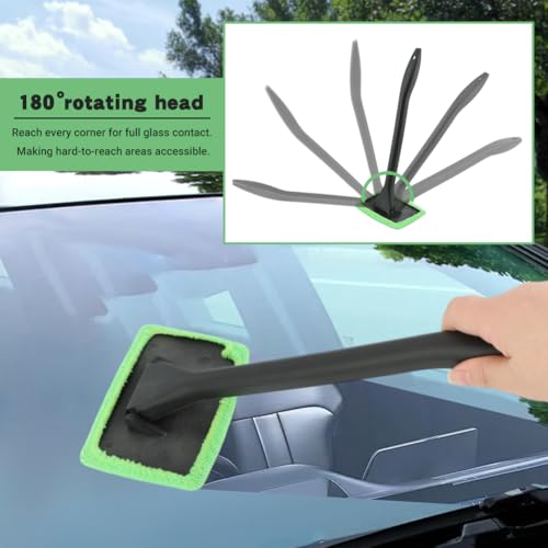 Car Windshield Cleaning Tool, Windshield Cleaner with 5 Reusable Microfiber Pads and Extendable Handle, Auto Glass Wiper Kit for Interior/Exterior Dirty Car Windows(Color:Green)