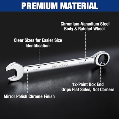 WORKPRO Ratcheting Wrench Set, Metric, 7-piece Ratcheting Combination Wrench Set, 8mm, 10mm, 11mm, 12mm, 13mm, 14mm, 17mm, 12-Point, CR-V Steel, with Organizer Rack - size: 7-piece, style: Metric