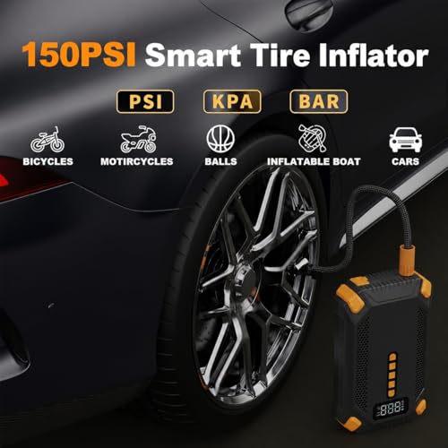 1000A 12V Jump Starter with Air Compressor, 150 PSI Tire Inflator | 1.8lb body for 6L gas/3L diesel engines with auto shut-off, LCD display, LED emergency light, USB power bank and storage case