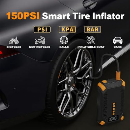 1000A 12V Jump Starter with Air Compressor, 150 PSI Tire Inflator | 1.8lb body for 6L gas/3L diesel engines with auto shut-off, LCD display, LED emergency light, USB power bank and storage case