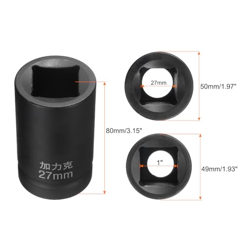HARFINGTON 4 Point Square Socket 1" Drive by 27mm Metric Square Impact Socket 40CR Blackening Standard Wheel Sockets Pneumatic Socket Tool for Auto Repair Mechanical Maintenance Home Use - size: 27mm