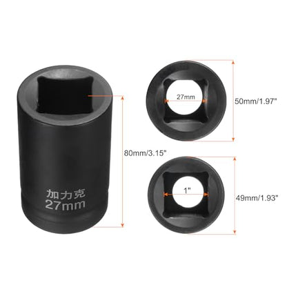 HARFINGTON 4 Point Square Socket 1" Drive by 27mm Metric Square Impact Socket 40CR Blackening Standard Wheel Sockets Pneumatic Socket Tool for Auto Repair Mechanical Maintenance Home Use - size: 27mm