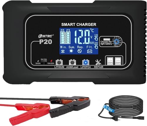 Battery Charger, Smart 0-20A 12V/24V Trickle Charger, Portable Car Battery Charger with 9 Stages of Charging for LiFePO4, Lead-Acid, and Lithium Batteries, with Battery Repair Function - color: 0-20A 12/24V