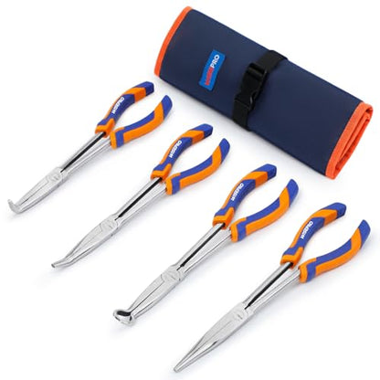 4 PCS 11 Inch Long Reach Pliers Set with Handle, Extra Long Needle Nose Pliers Set with Straight, 45°, 90° Bent Needle Nose and Circle Nose for Narrow Spaces - size: 11 Inch - 4 PCS