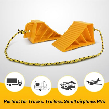 HOXWELL 2 Pair Wheel Chocks with Rope & Handle Design for Travel Trailers, Non Slip Yellow Wheel Chock, Lightweight Wheel Stoppers for Cars Campers Trucks RVs, Easy to Carry - color: Yellow-2 Pair