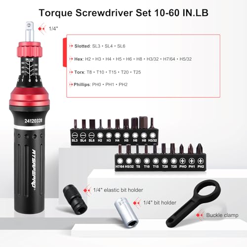 ATsafepro Torque Screwdriver 10-60 in.lb,21 Pcs Inch Pound Torque Screwdriver Set -1/4" Elastic Bit Holder and Bit Holder, Buckle Clamp, Flat, Hex, Torx, Philips, Fit for Bicycle, Tool Maintenance - style: Mechanical - 10-60 in.lb/1.1-6.8 Nm