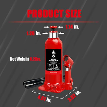 JACK BOSS Bottle Jack 6 Ton (13,200 LBs) Hydraulic Car Jack, Fit for Auto Truck Repair and House Lift, Red, AS90604B