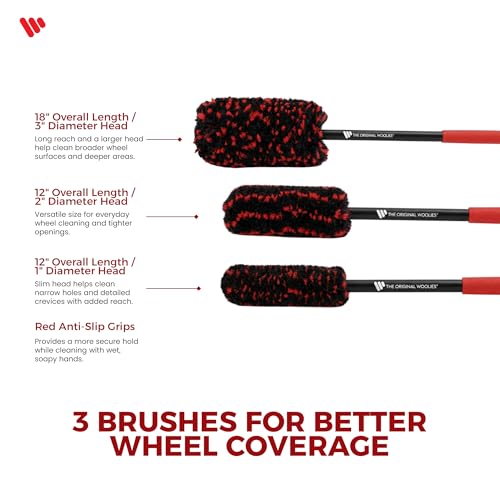 Wheel Woolies Car Detailing Brush Set - 3pc Car Wheel Brush Kit (18”, 12”, 12”) for Rims, Barrel, Spokes & Brake Dust | Soft No Scratch Rim Brush with Long Handle & Anti-Slip Grip | Made in USA