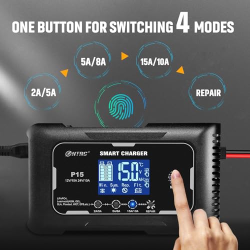 SolaMr Lithium Lifepo4 Battery Charger, 15 Amp 12V and 24V Portable Smart Car Battery Charger, Trickle Charger for Lead-Acid(AGM/Gel/SLA), Deep Cycle Charger for Marine, RV, Motorcycle (P15) - size: P15 Battery Charger