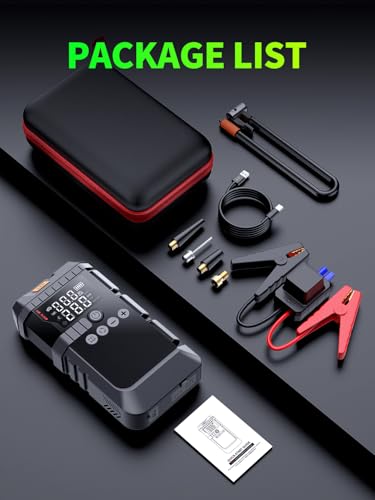 Portable Car Battery Jump Starter with Air Compressor, 6000A Car Battery Booster (All Gas/12L Diesel) with 45W Fast Charge, 160PSI Auto-Shut Off Tire Inflator,LED Light, Jumper Cables,Golves