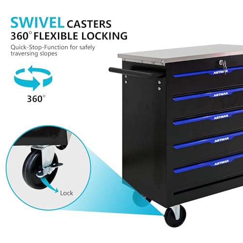 5 Drawer Heavy Duty Rolling Tool Chest, Mobile Metal Lockable Tool Cart with Stainless Steel Worktop, Garage Tool Storage Cabinet for Workshop Auto Repair, Black & Blue, 30.7" H × 25.9" W - size: 5 Drawers
