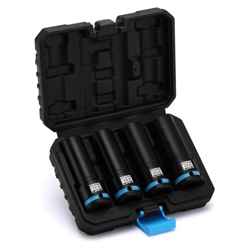 4-Piece 1/2" Drive Lug Nut Impact Socket Set, Non-Marring Thin Wall Wheel Protector Socket，CR-MO, Metric 17.5, 19.5, 21.5, 22.5mm