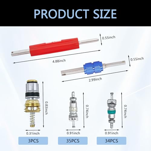 102PCS Air Conditioning Valve Core Kit, A/C R12 R134a Refrigerant Accessories Kit, AC Refrigeration Tire Valve Stem with Double Head Dual Dismantling Remover Tool Assortment Set
