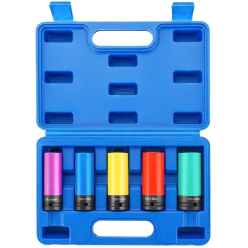 5PCS 1/2" Drive Impact Lug Nut Socket Set 15 17 19 21 22 mm | Wheel Protector Impact Socket Non-Marring Thin Wall Socket for Effortless Removal of Lug Nuts w/ Colored Protective Sleeve